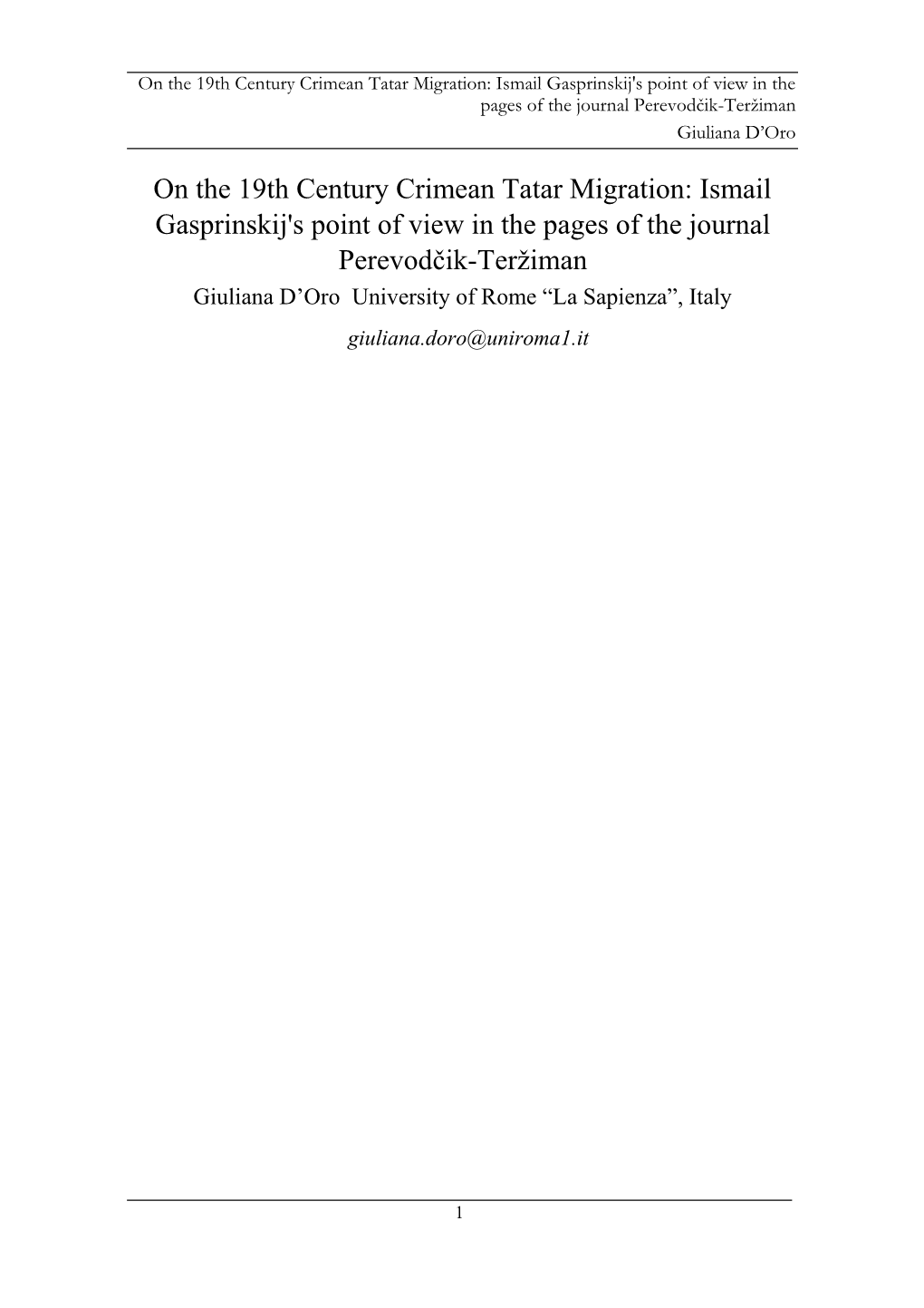 On the 19Th Century Crimean Tatar Migration: Ismail Gasprinskij's Point of View in the Pages of the Journal Perevodčik-Teržiman Giuliana D’Oro