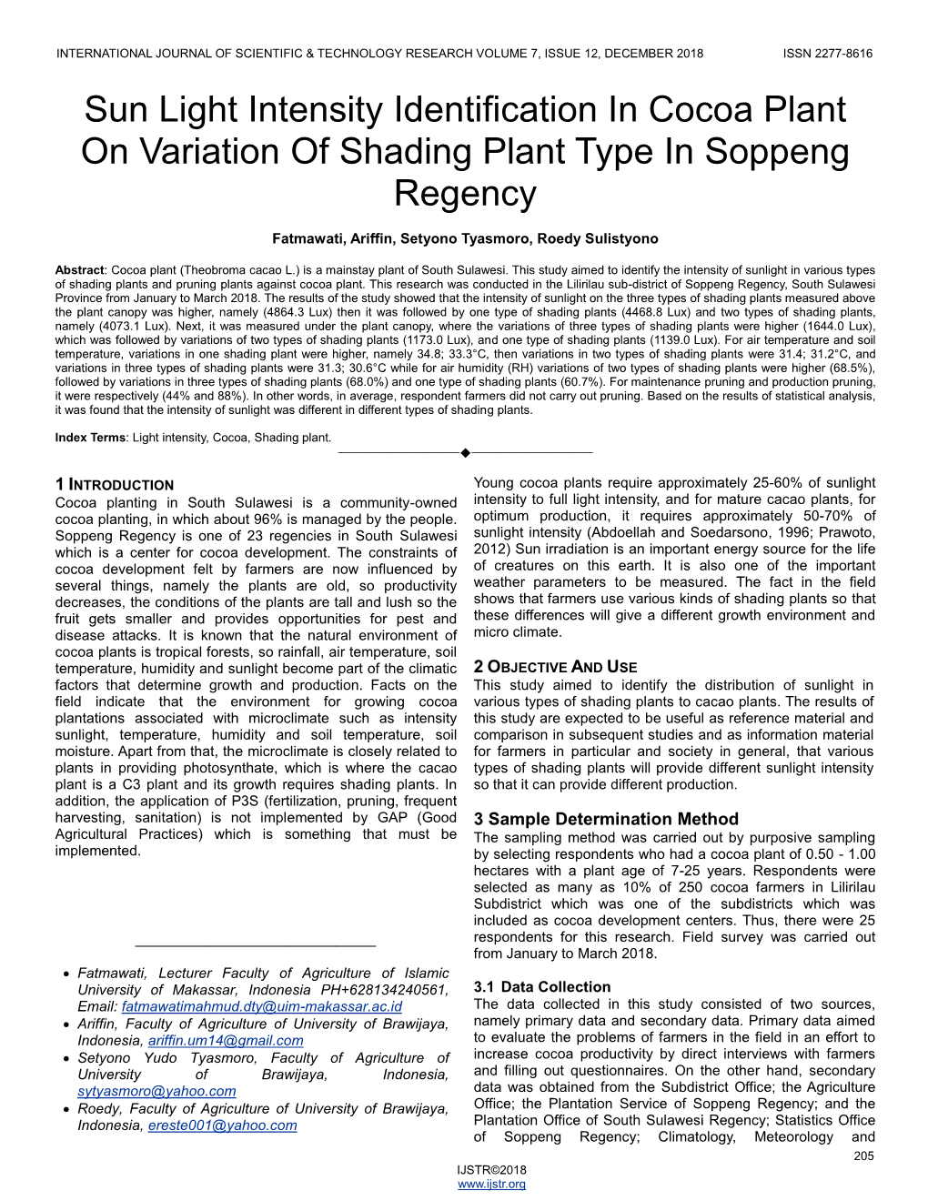 Sun Light Intensity Identification in Cocoa Plant on Variation of Shading Plant Type in Soppeng Regency