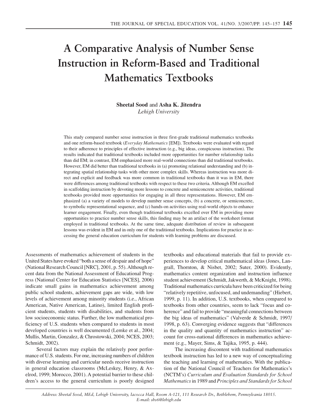 A Comparative Analysis of Number Sense Instruction in Reform-Based and Traditional Mathematics Textbooks