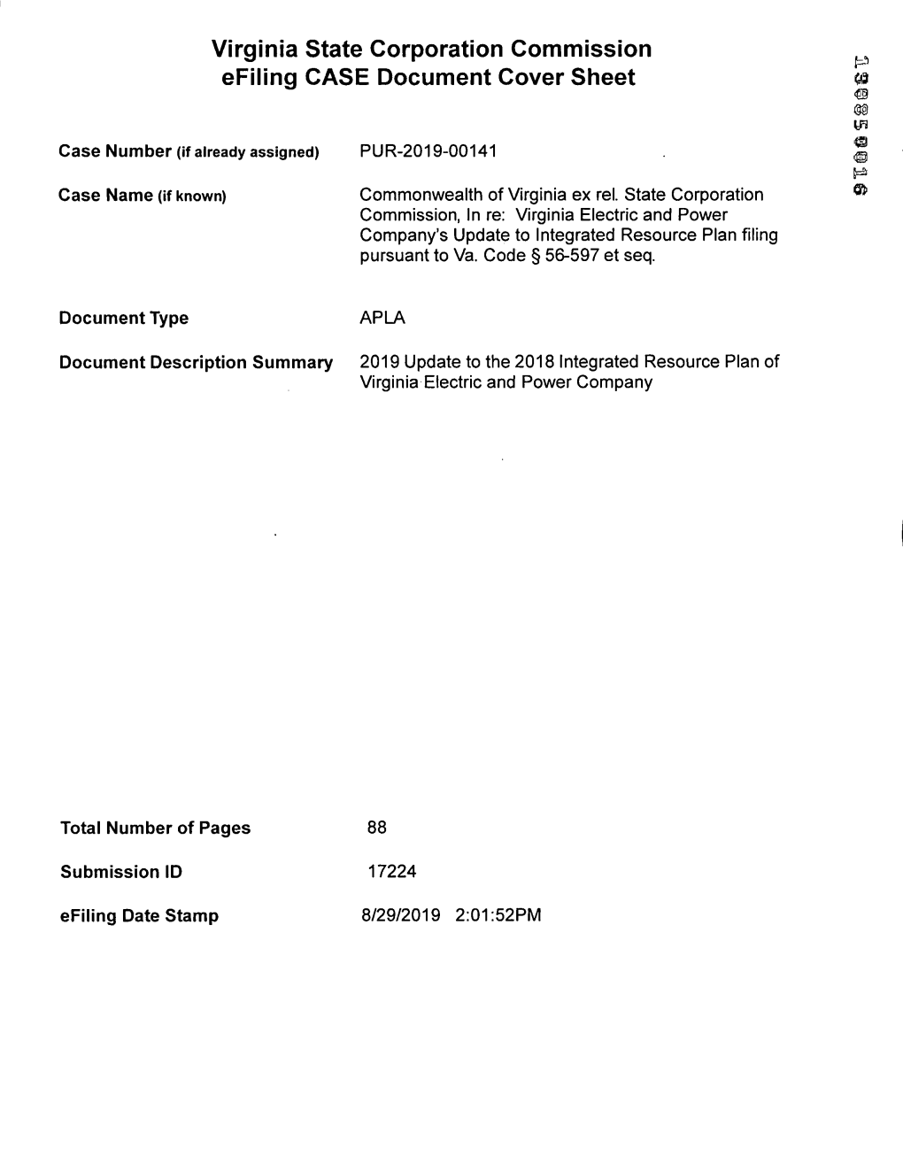 Virginia State Corporation Commission Efiling CASE Document Cover Sheet