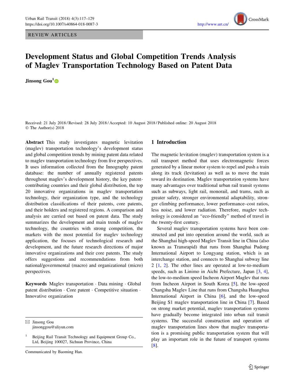 Development Status and Global Competition Trends Analysis of Maglev Transportation Technology Based on Patent Data