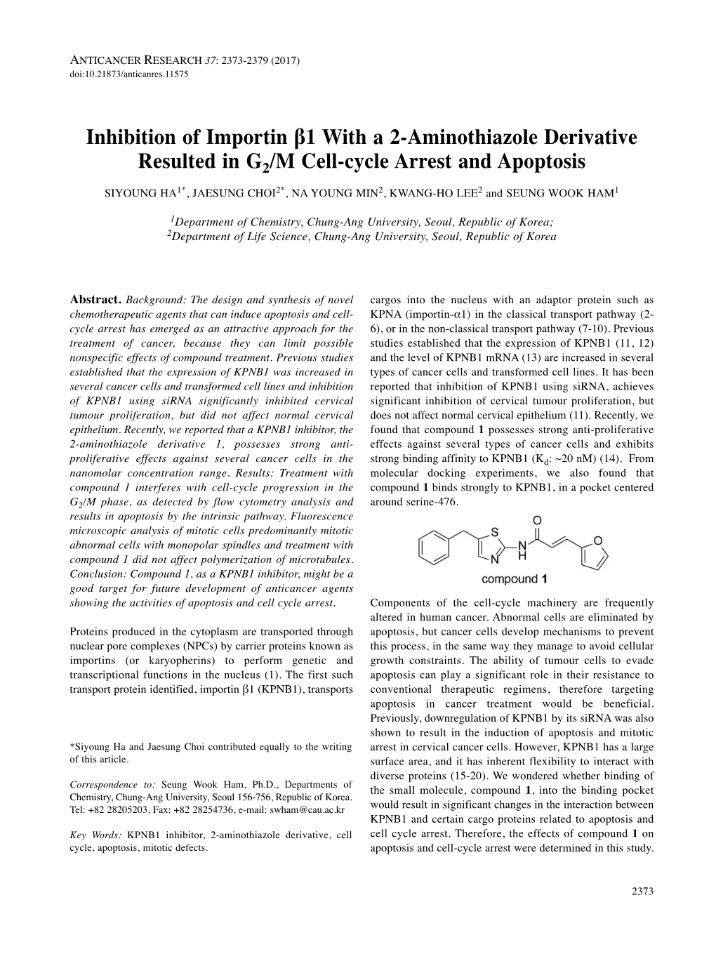 Inhibition of Importin Β1 with a 2-Aminothiazole Derivative