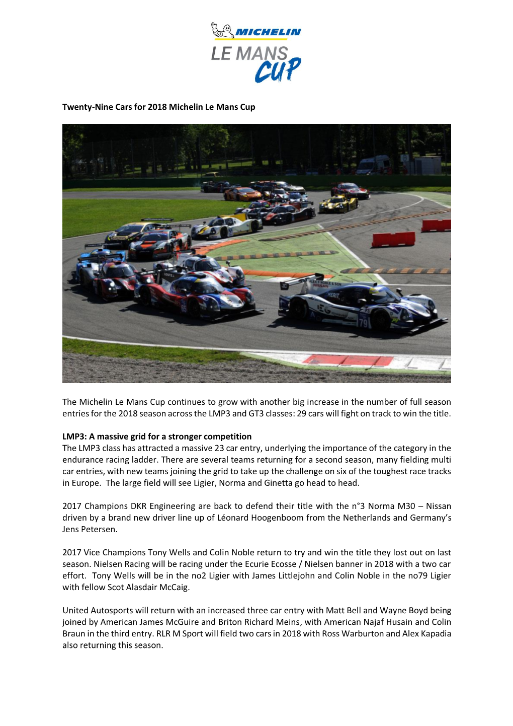 Twenty Nine Cars for 2018 Michelin Le Mans Cup.Pdf