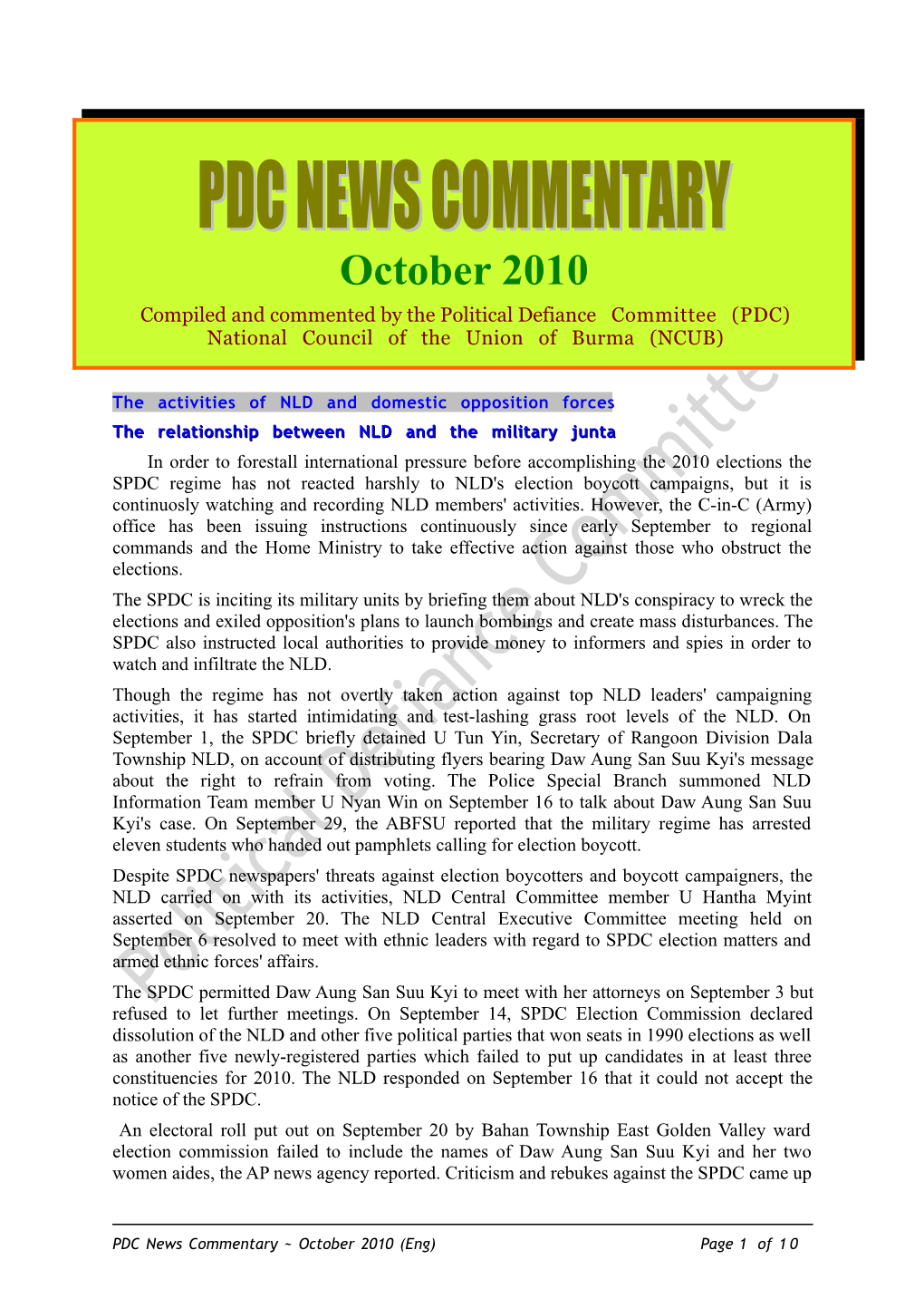 Monthly News Commentary – October 2010