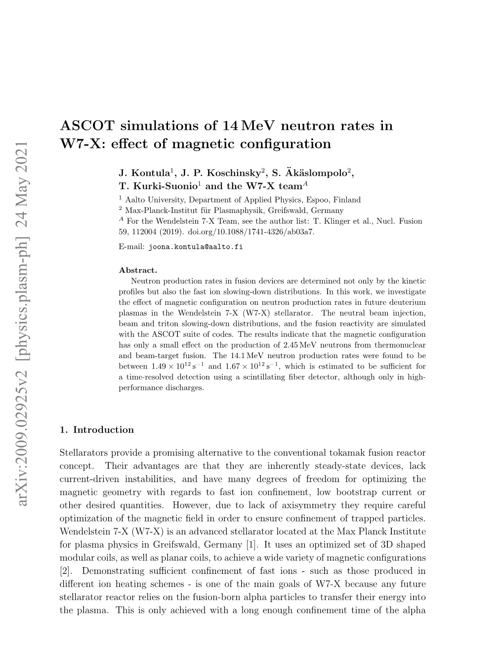 ASCOT Simulations of 14 Mev Neutron Rates in W7-X: Eﬀect of Magnetic Conﬁguration