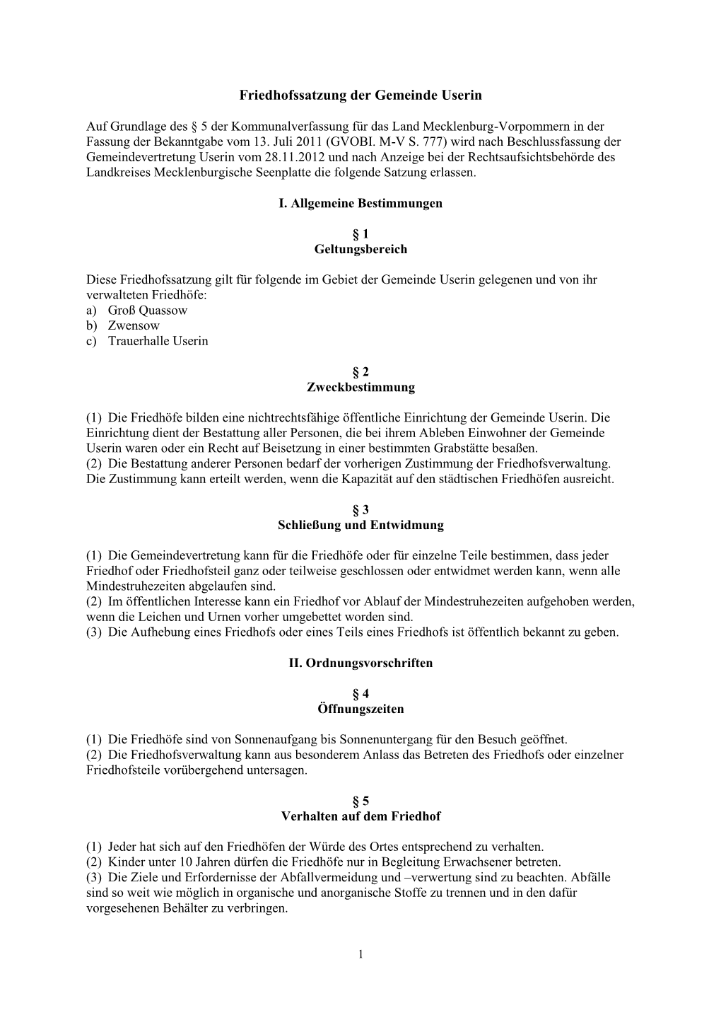 Friedhofssatzung Der Gemeinde Carpin