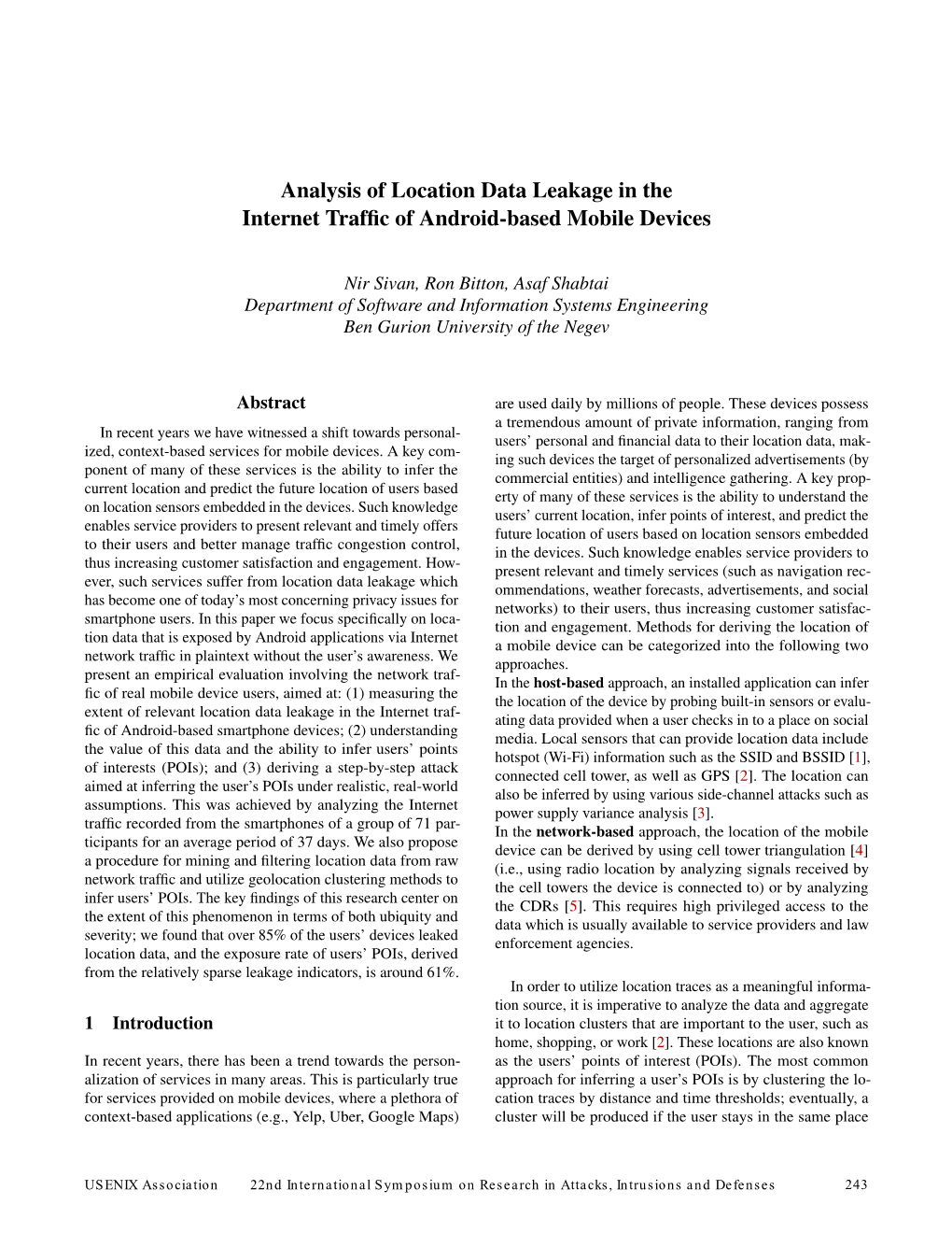 Analysis of Location Data Leakage in the Internet Traffic of Android-Based Mobile Devices