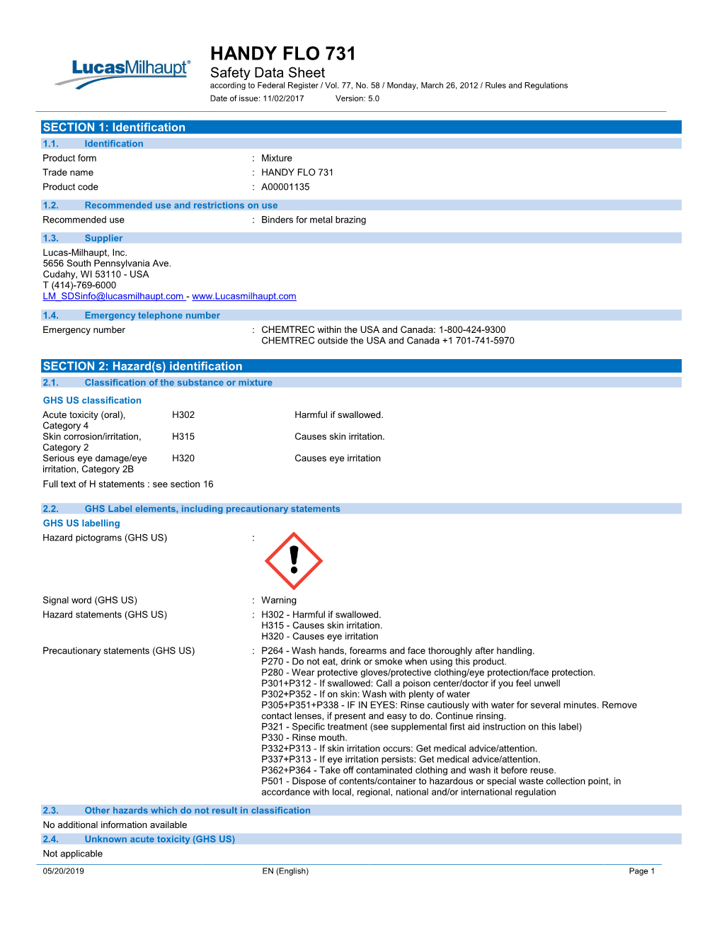 HANDY FLO 731 Safety Data Sheet According to Federal Register / Vol