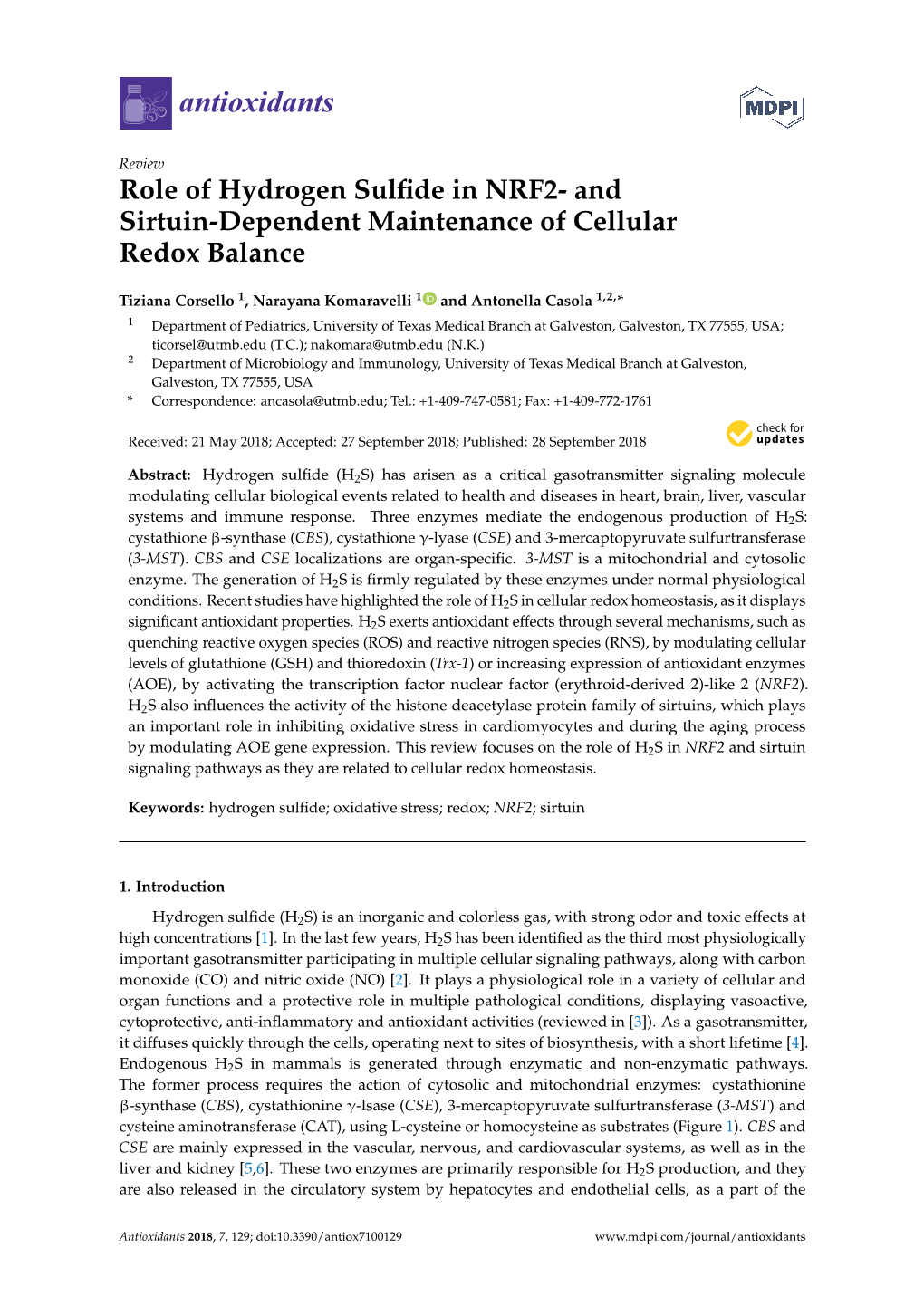 Role of Hydrogen Sulfide in NRF2- and Sirtuin-Dependent