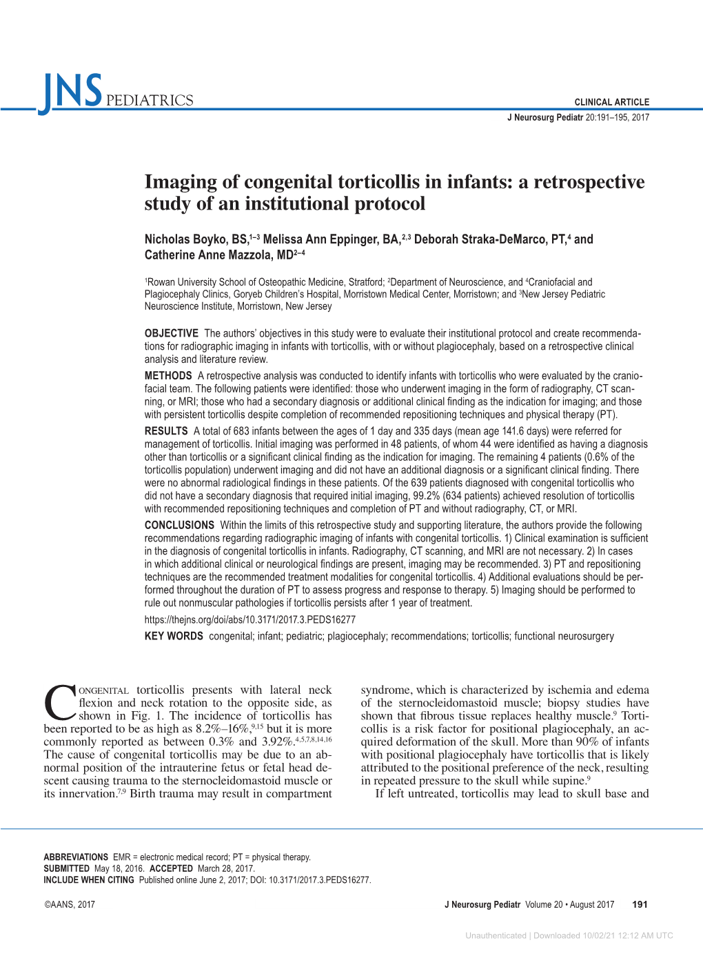 Imaging of Congenital Torticollis in Infants: a Retrospective Study of an Institutional Protocol