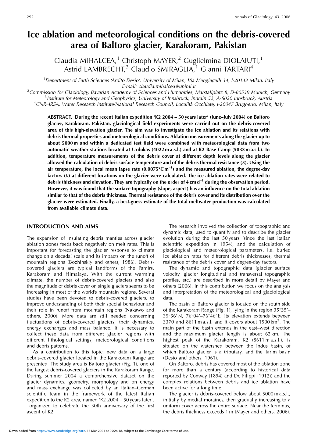 Ice Ablation and Meteorological Conditions on the Debris-Covered Area of Baltoro Glacier, Karakoram, Pakistan