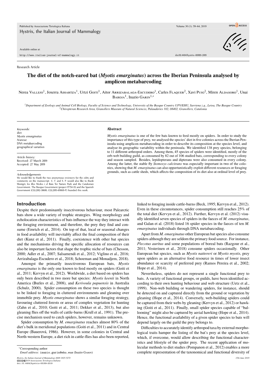 The Diet of the Notch-Eared Bat (Myotis Emarginatus) Across the Iberian Peninsula Analysed by Amplicon Metabarcoding