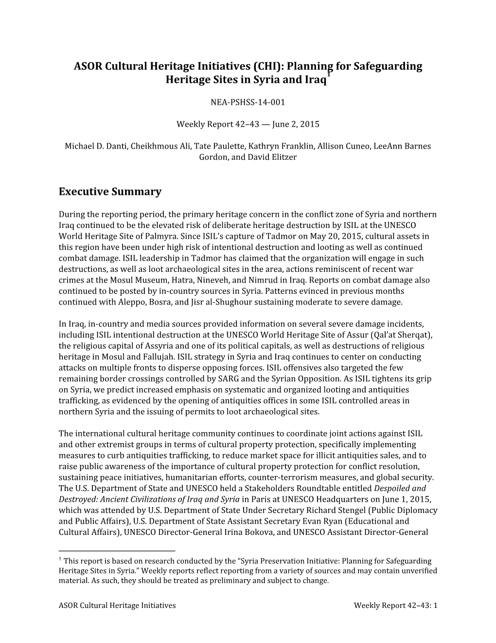 ASOR Cultural Heritage Initiatives (CHI): Planning for Safeguarding 1 Heritage Sites in Syria and Iraq