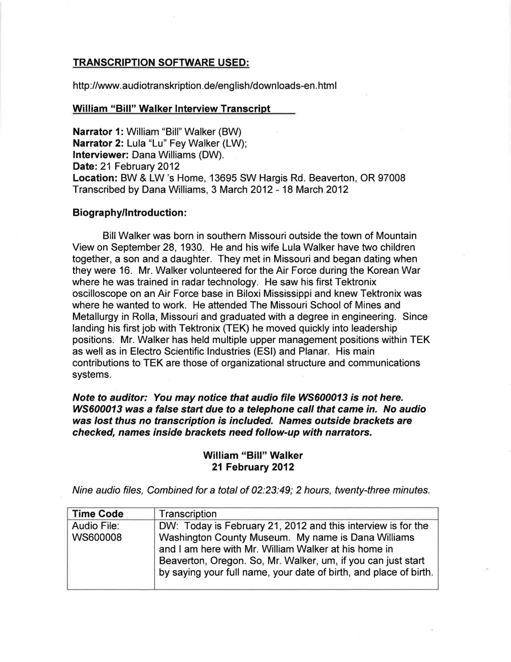 Bill Walker Oral History Audio Recording on the Silicon Forest And