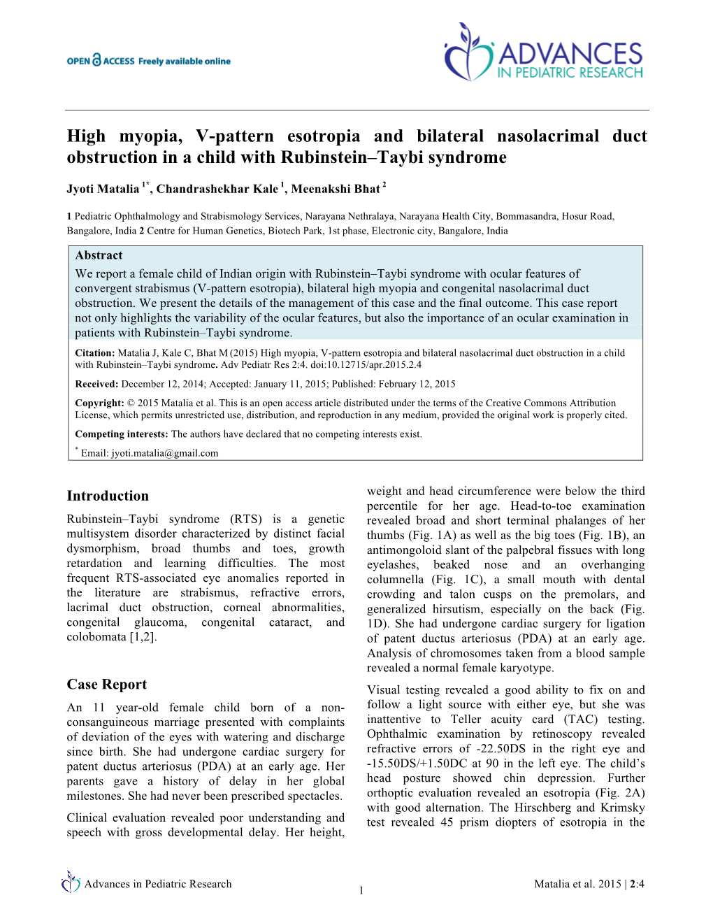 High Myopia, V-Pattern Esotropia and Bilateral Nasolacrimal Duct Obstruction in a Child with Rubinstein–Taybi Syndrome