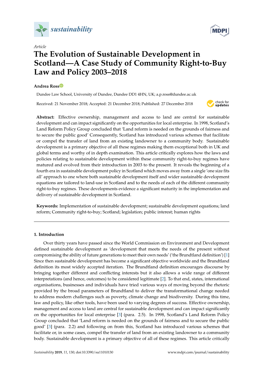 The Evolution of Sustainable Development in Scotland—A Case Study of Community Right-To-Buy Law and Policy 2003–2018