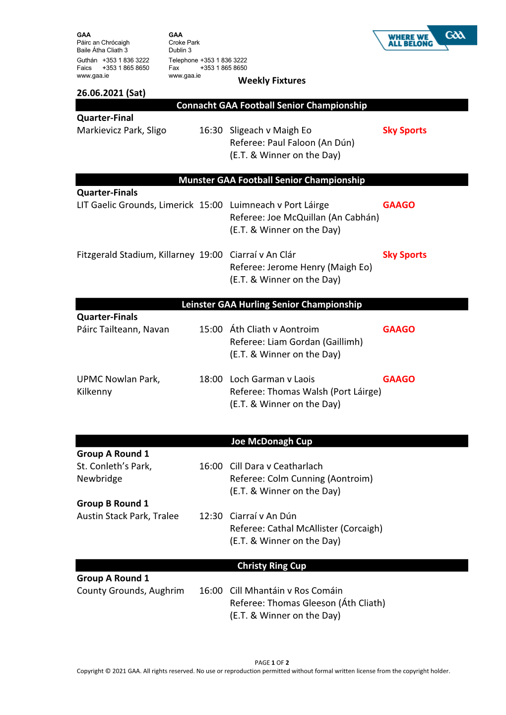 Weekly Fixtures 26.06.2021