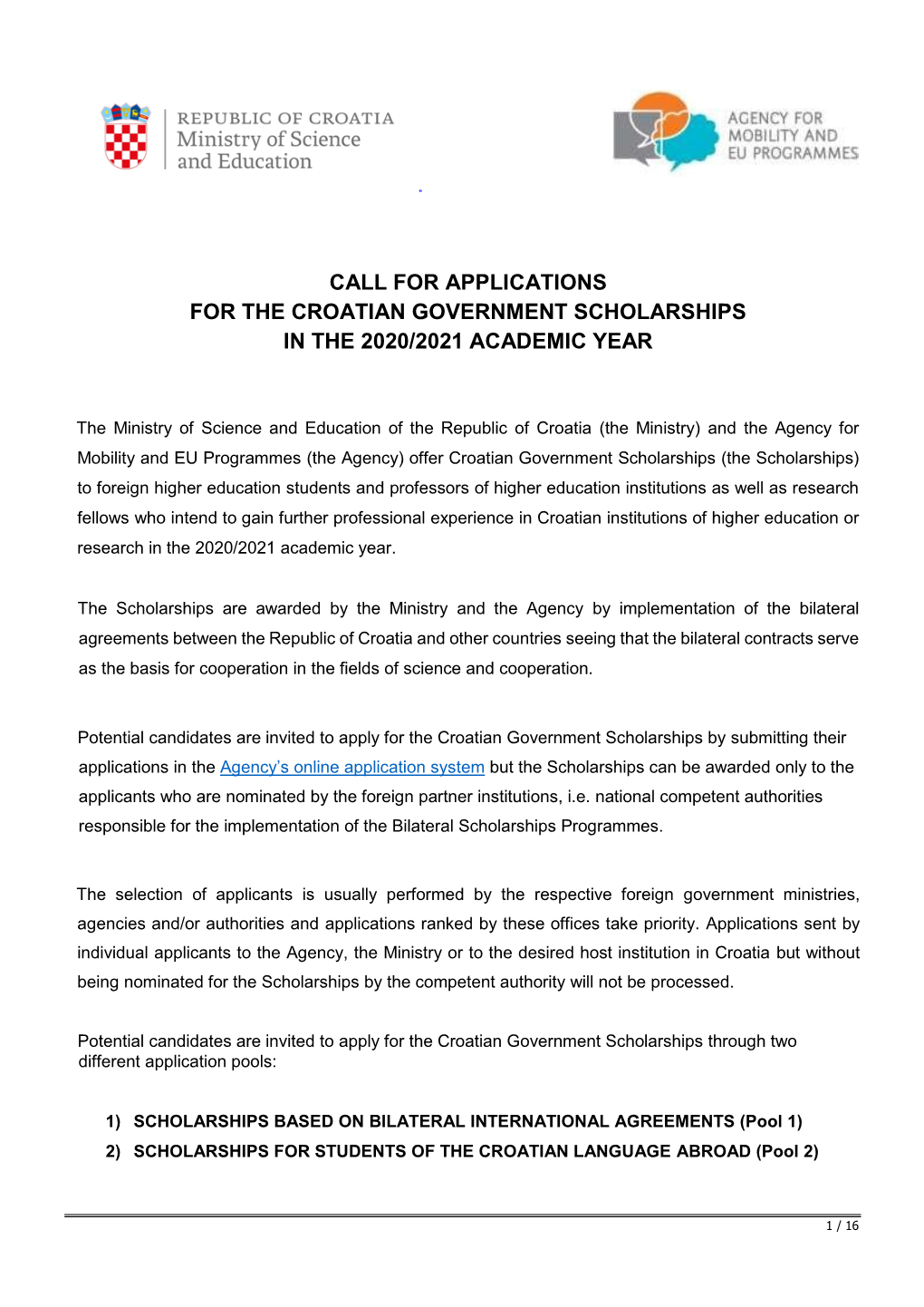 Call for Applications for the Croatian Government Scholarships in the 2020/2021 Academic Year