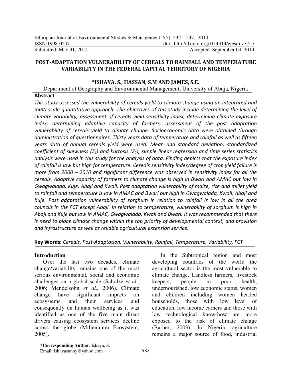 Post-Adaptation Vulnerability of Cereals to Rainfall and Temperature Variability in the Federal Capital Territory of Nigeria