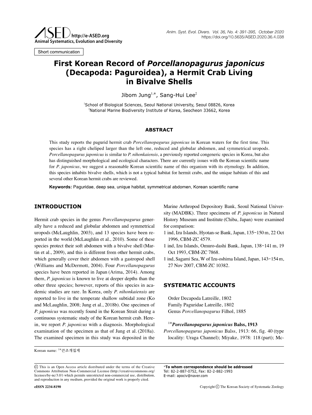 First Korean Record of Porcellanopagurus Japonicus (Decapoda: Paguroidea), a Hermit Crab Living in Bivalve Shells