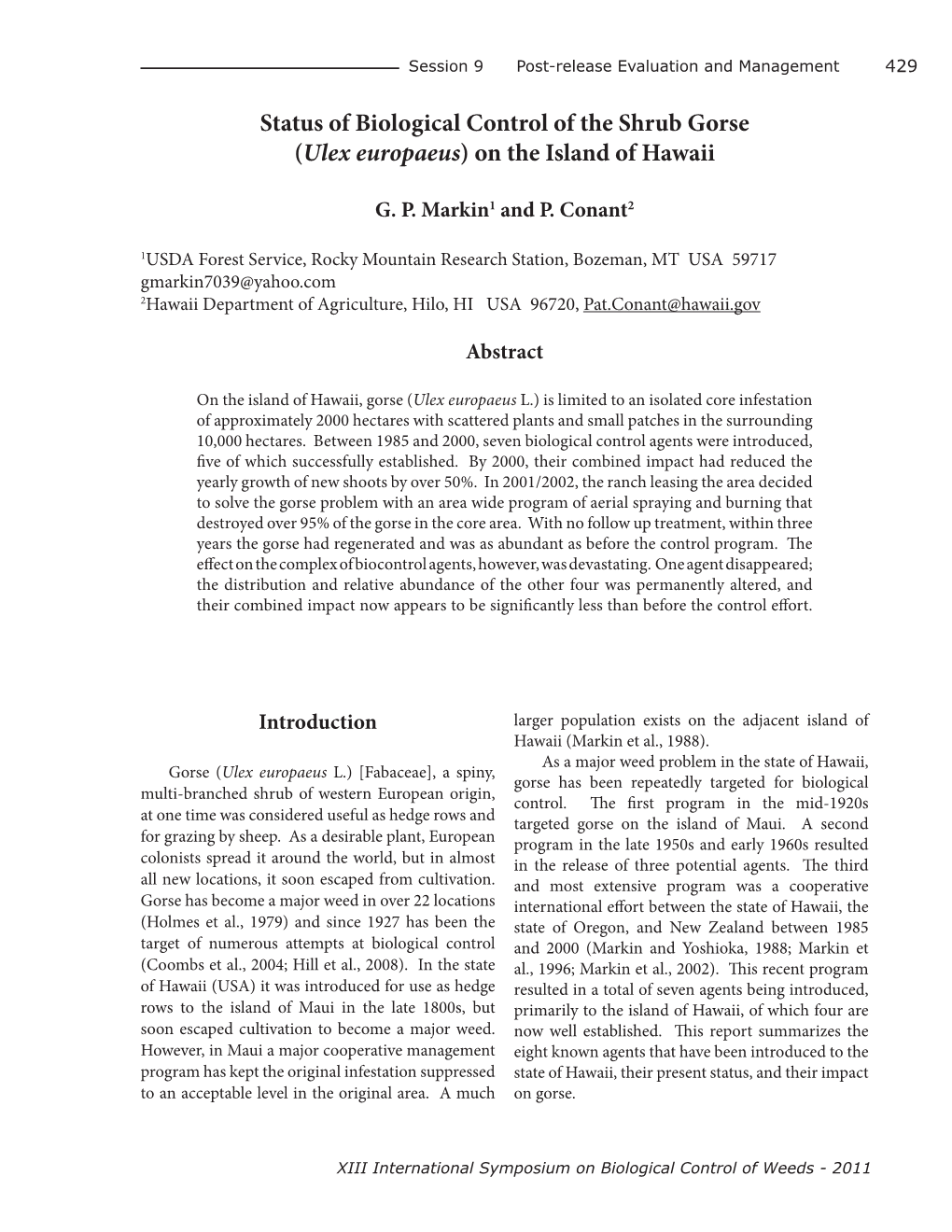 Status of Biological Control of the Shrub Gorse (Ulex Europaeus) on the Island of Hawaii