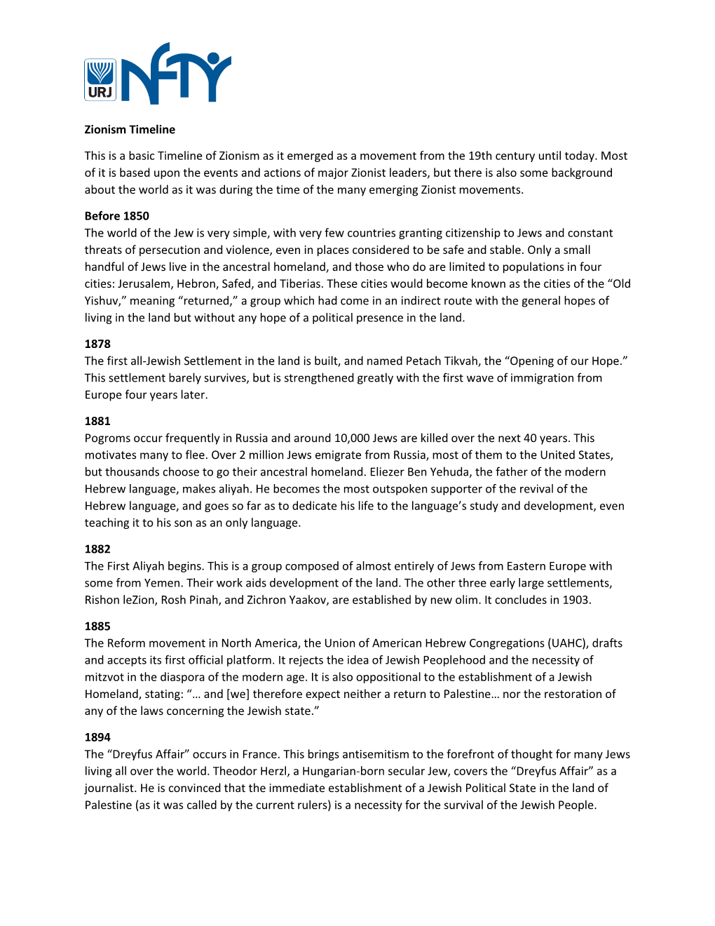 Zionism Timeline This Is a Basic Timeline of Zionism As It Emerged