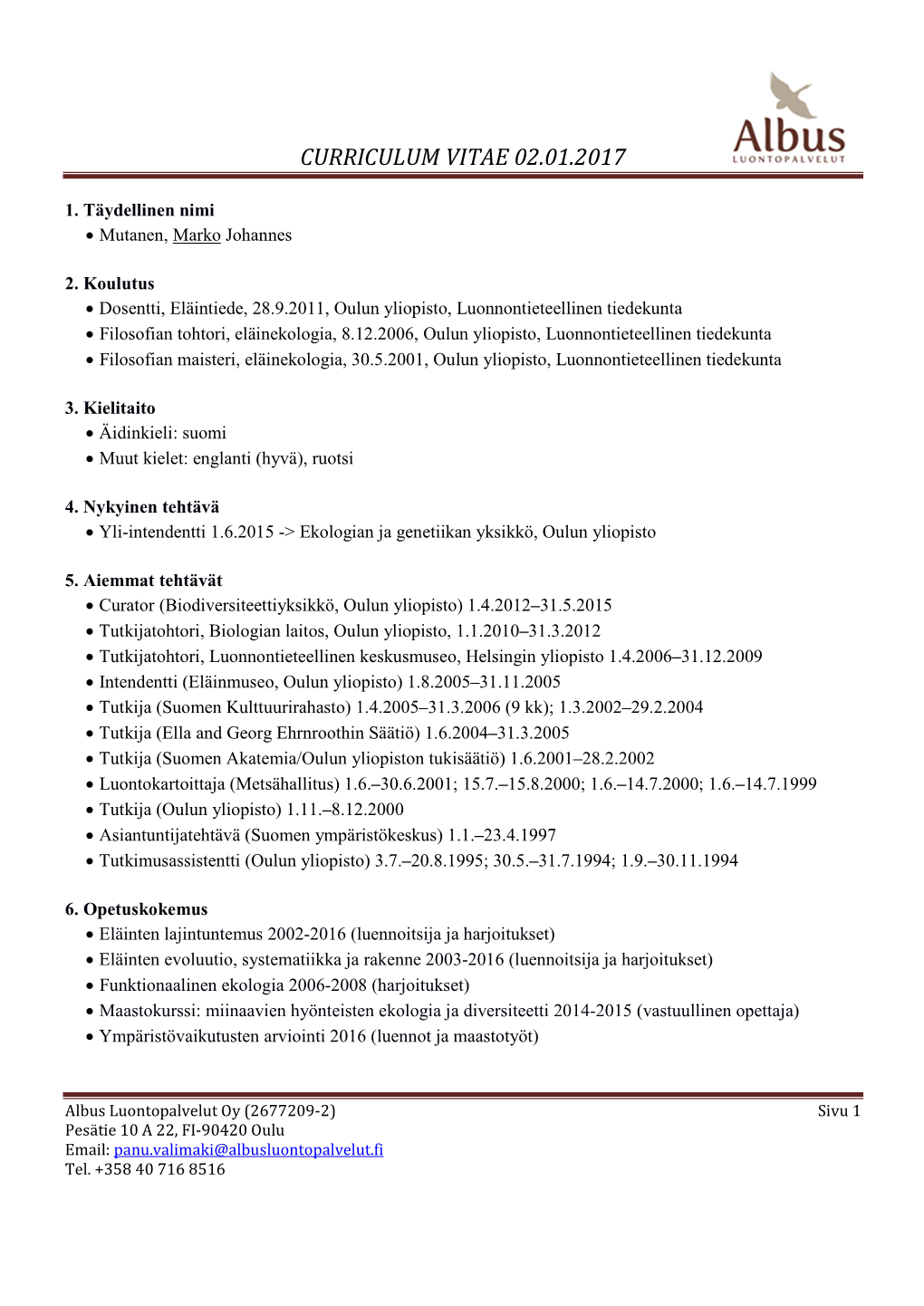 Curriculum Vitae 02.01.2017