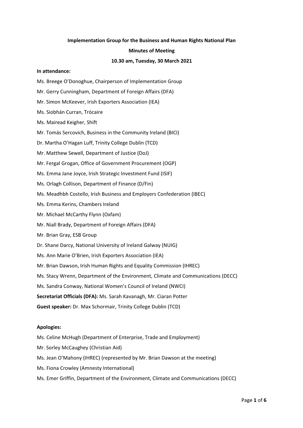 Page 1 of 6 Implementation Group for the Business and Human Rights National Plan Minutes of Meeting 10.30 Am, Tuesday, 30 March