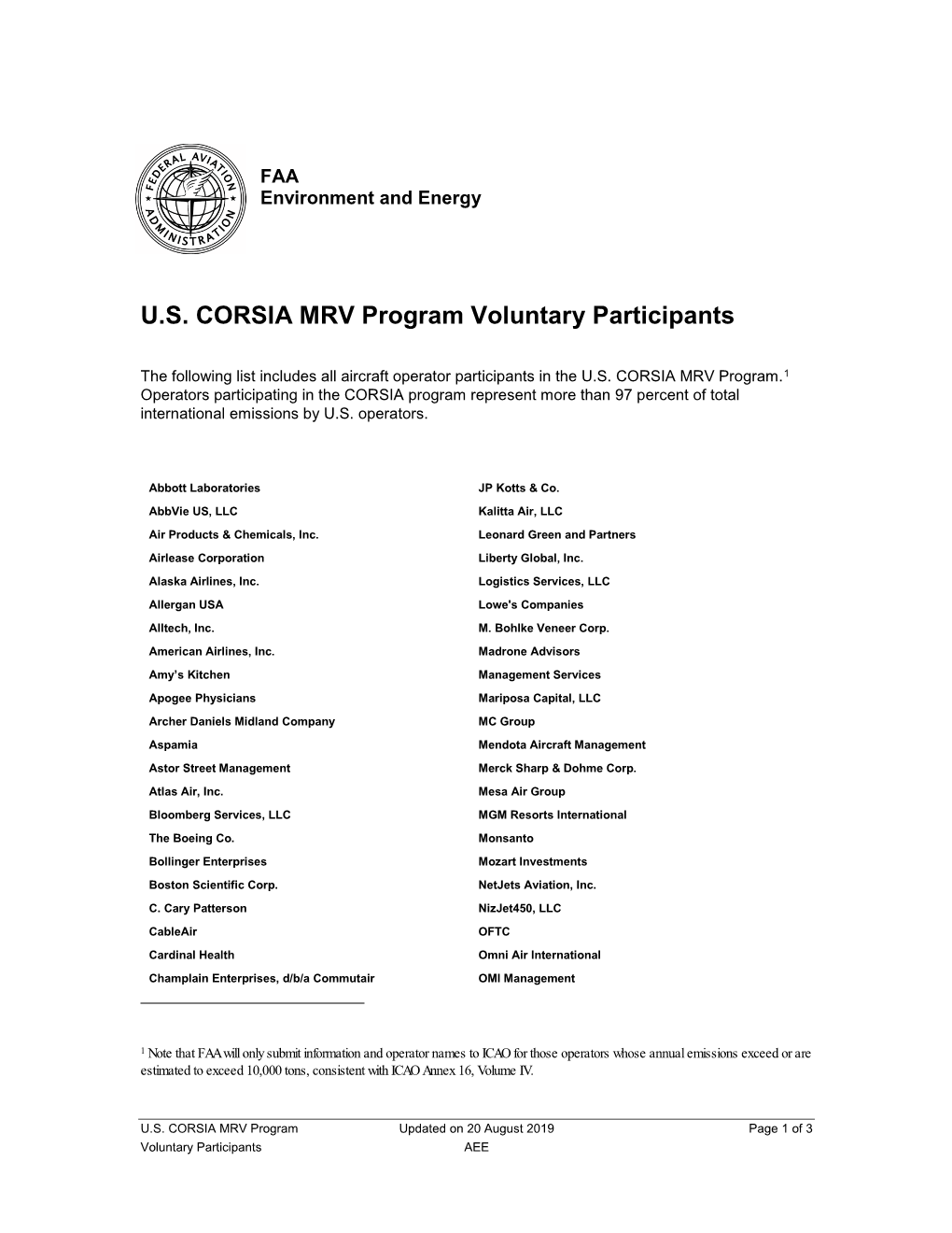 US CORSIA MRV Program Voluntary Participants