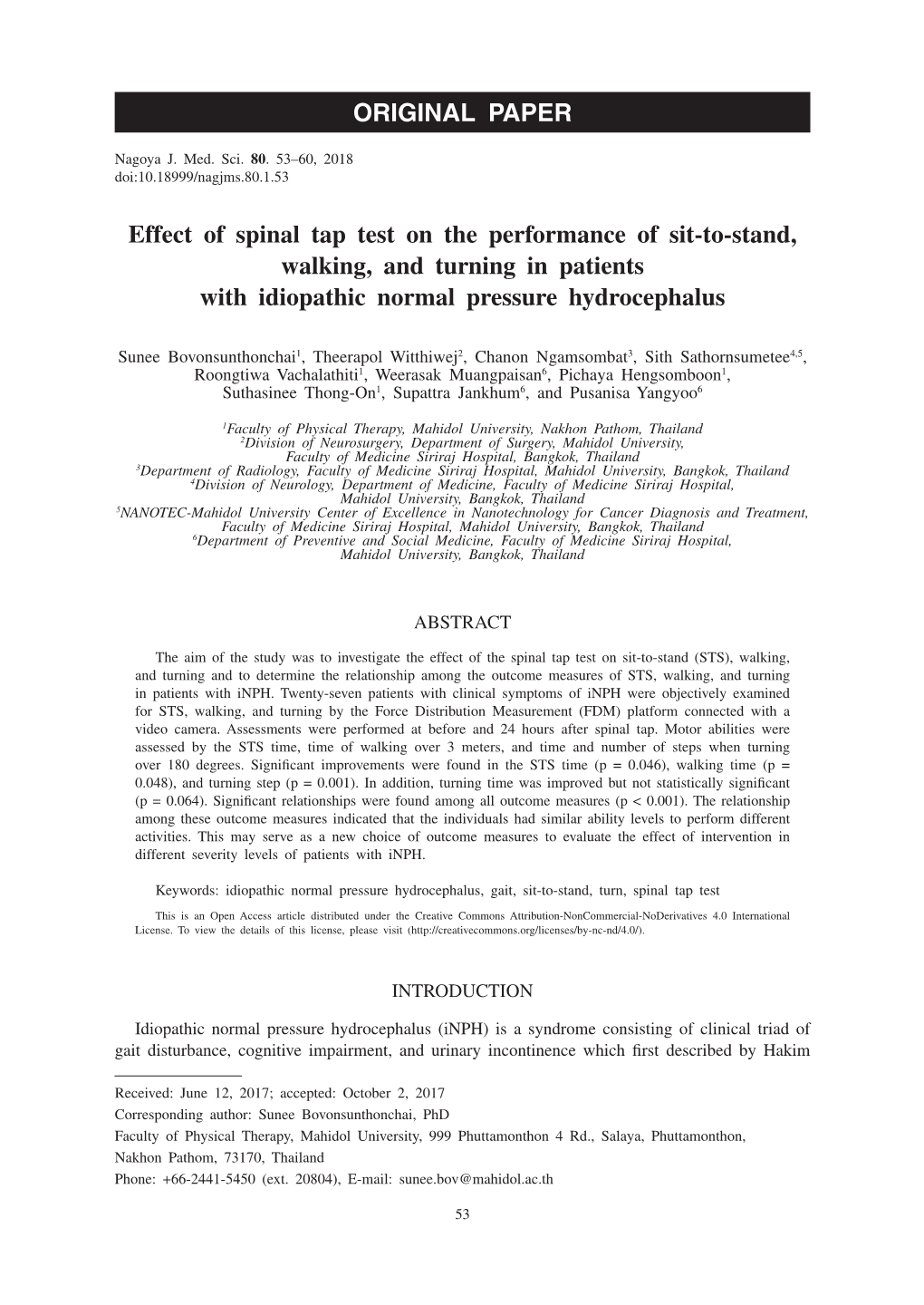 Effect of Spinal Tap Test on the Performance of Sit-To-Stand, Walking, and Turning in Patients with Idiopathic Normal Pressure Hydrocephalus