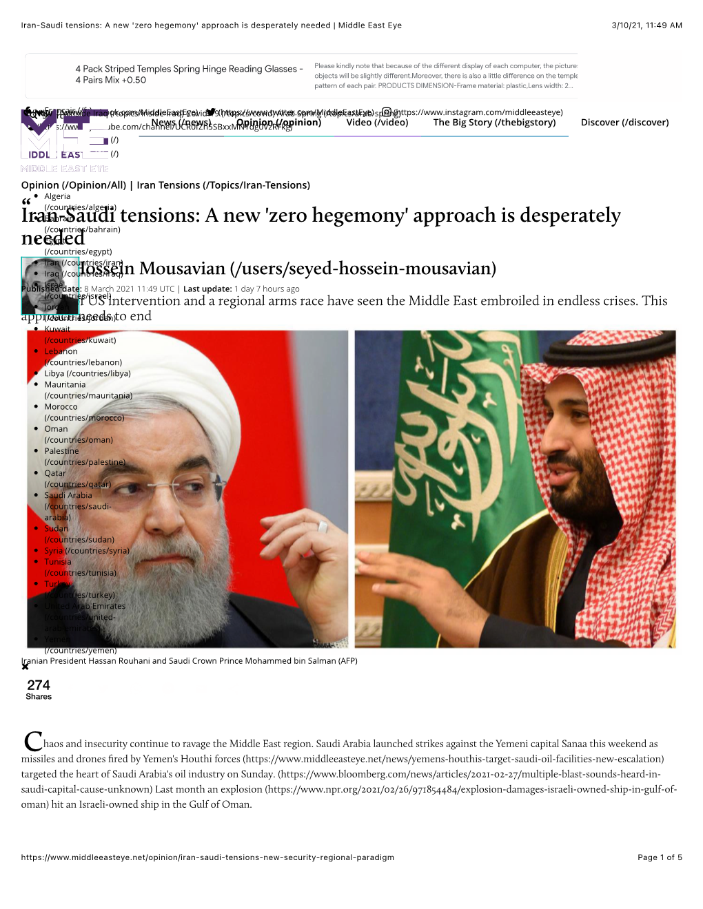 Iran-Saudi Tensions: a New 'Zero Hegemony' Approach Is Desperately Needed | Middle East Eye 3/10/21, 11:49 AM