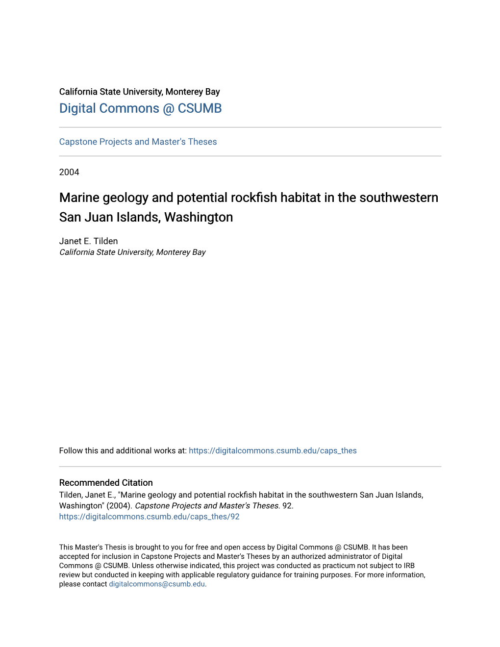 Marine Geology and Potential Rockfish Habitat in the Southwestern San Juan Islands, Washington