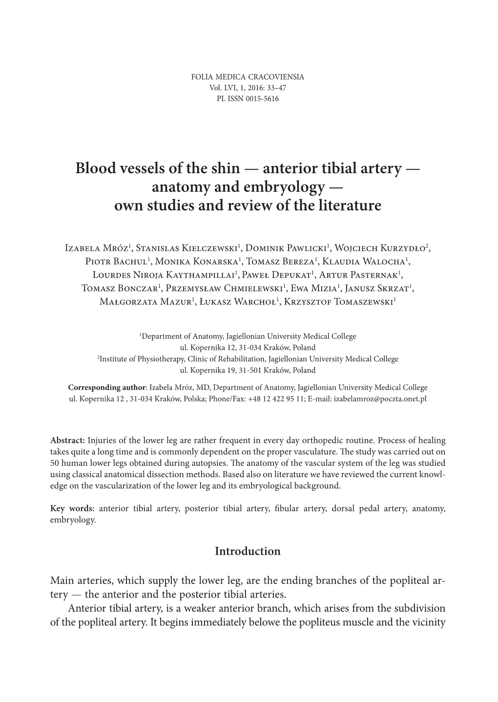 Blood Vessels of the Shin — Anterior Tibial Artery — Anatomy and Embryology — Own Studies and Review of the Literature