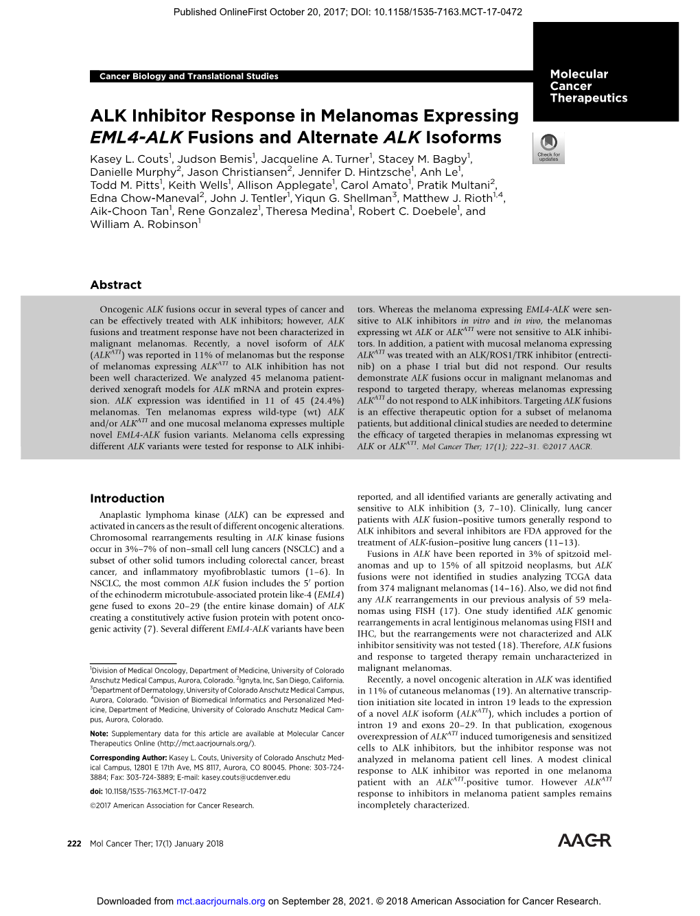 ALK Inhibitor Response in Melanomas Expressing EML4-ALK Fusions and Alternate ALK Isoforms Kasey L