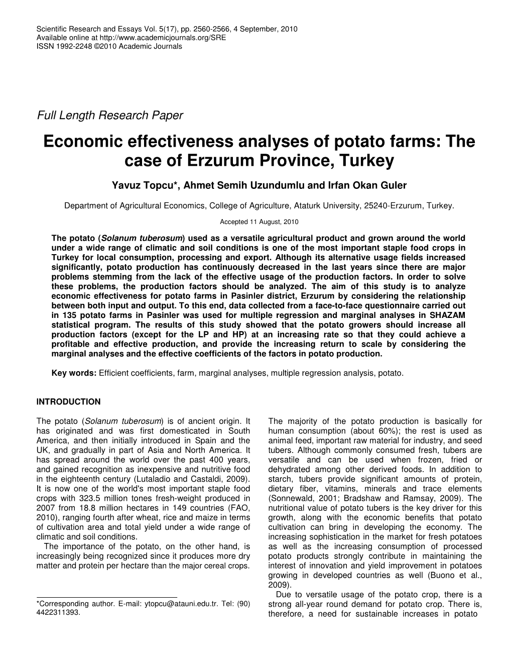 Economic Effectiveness Analyses of Potato Farms: the Case of Erzurum Province, Turkey