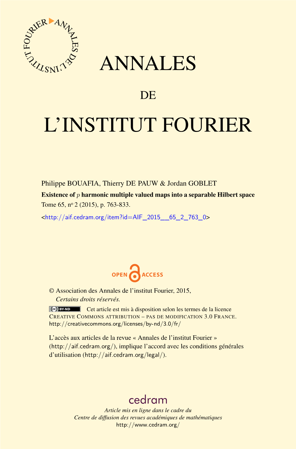 Existence of P Harmonic Multiple Valued Maps Into a Separable Hilbert Space Tome 65, No 2 (2015), P