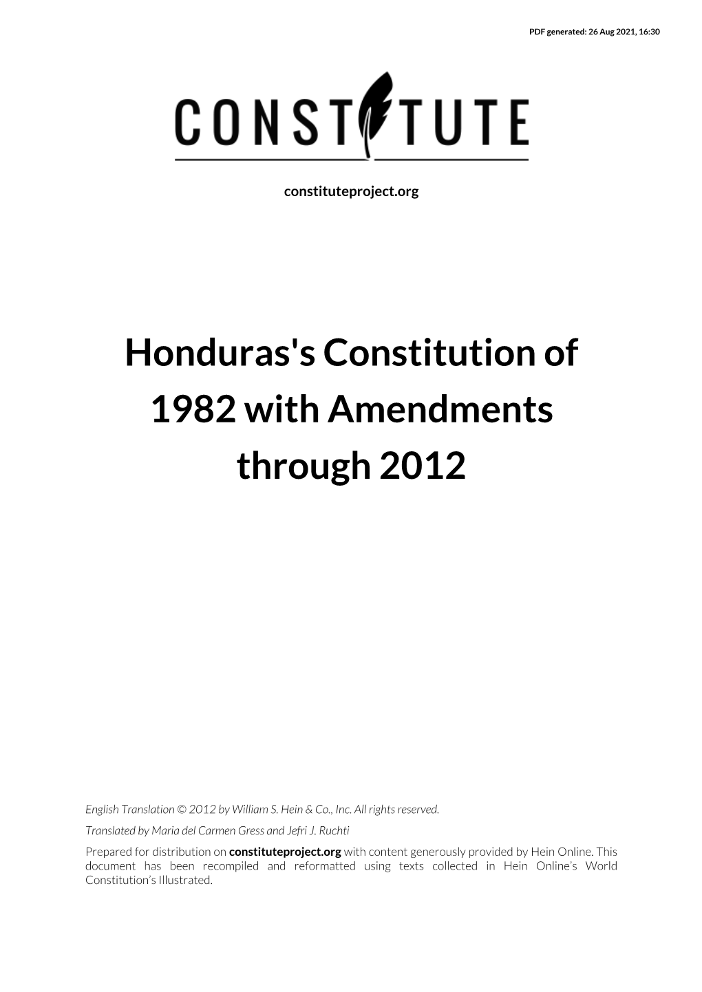 Honduras's Constitution of 1982 with Amendments Through 2012