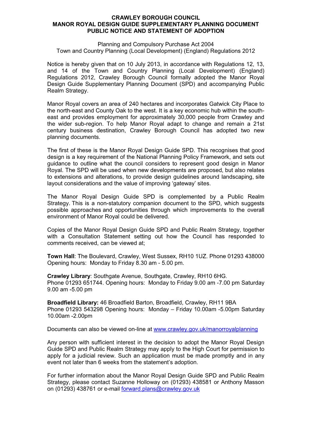 Crawley Borough Council Manor Royal Design Guide Supplementary Planning Document Public Notice and Statement of Adoption