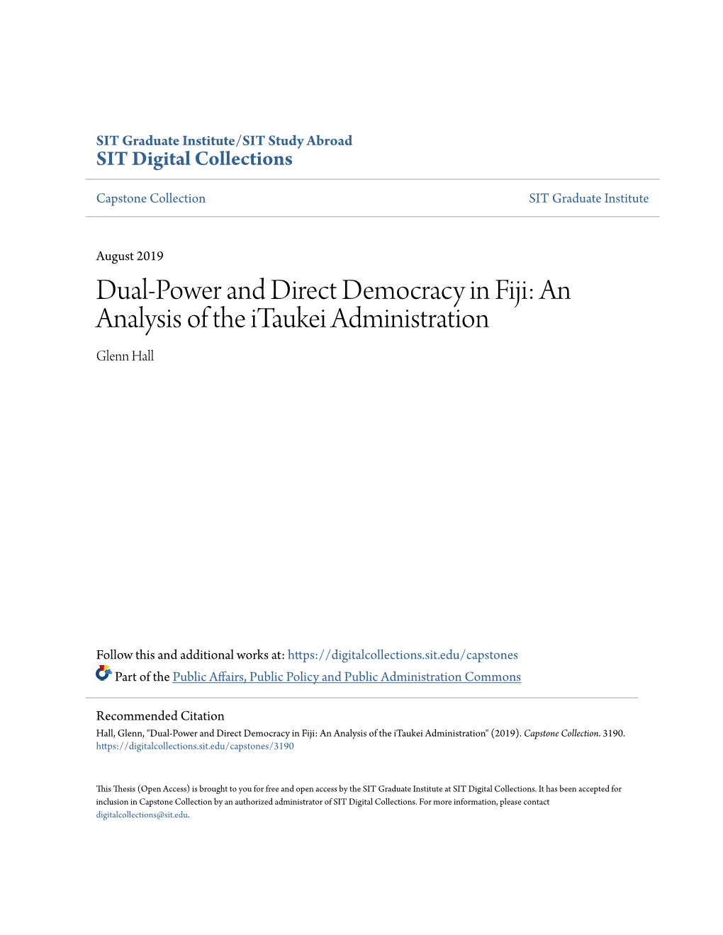 Dual-Power and Direct Democracy in Fiji: an Analysis of the Itaukei Administration Glenn Hall