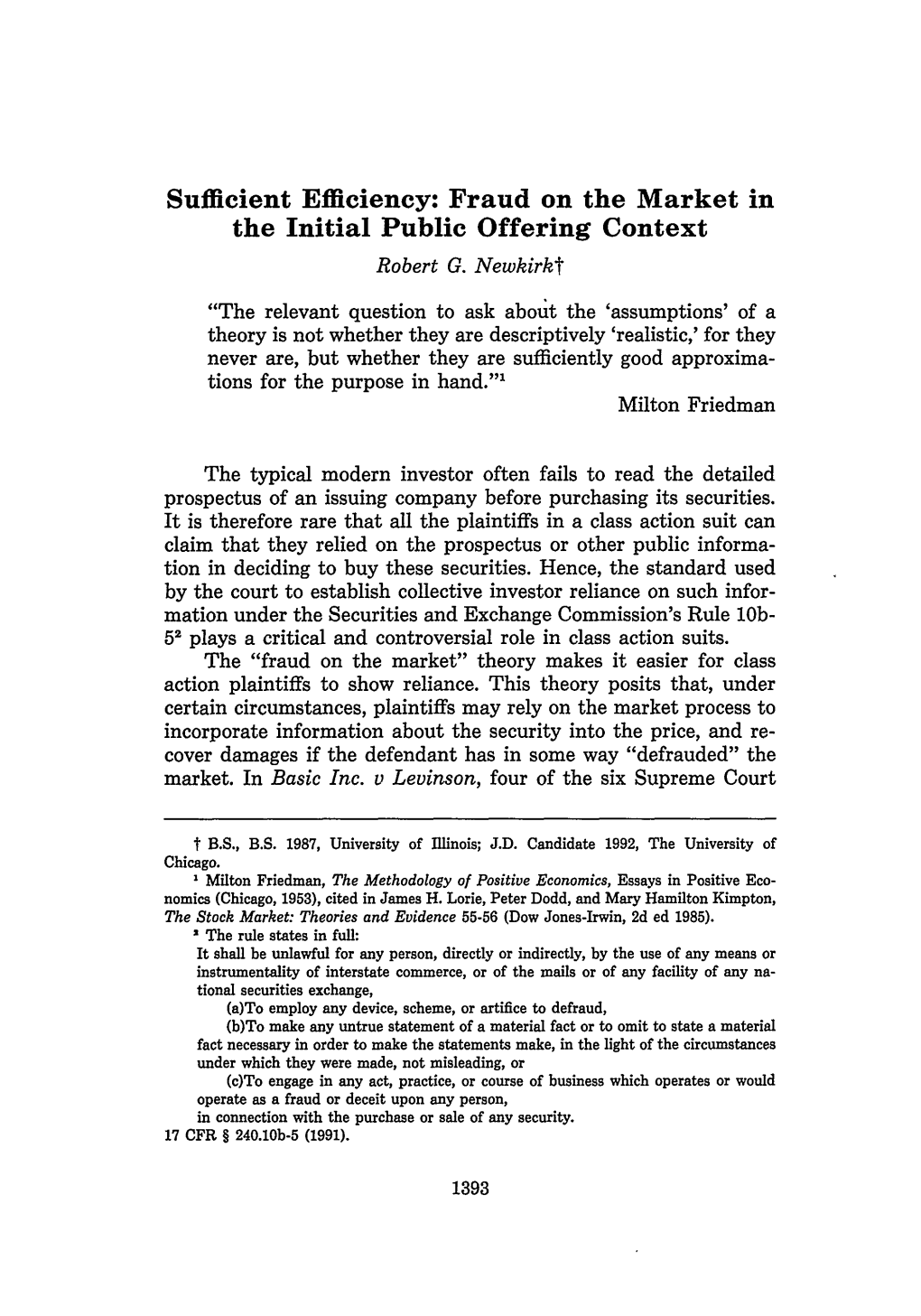 Fraud on the Market in the Initial Public Offering Context Robert G