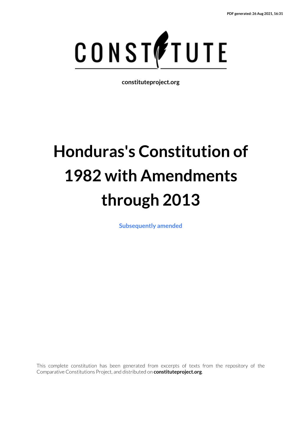 Honduras's Constitution of 1982 with Amendments Through 2013