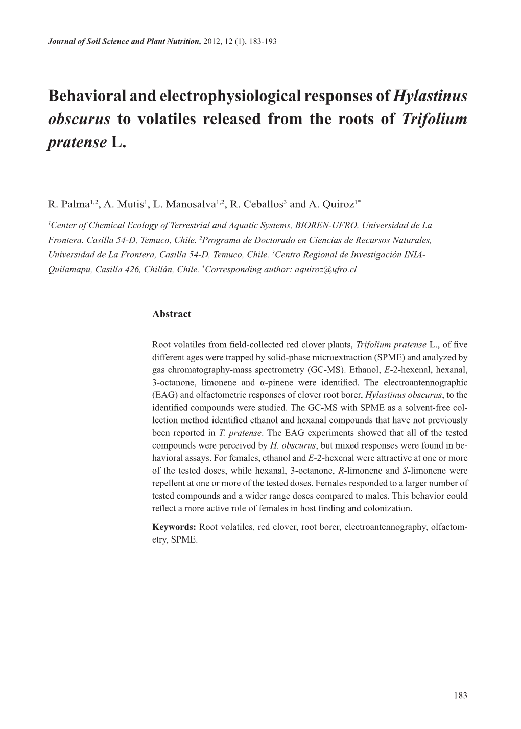 Behavioral and Electrophysiological Responses of Hylastinus Obscurus to Volatiles Released from the Roots of Trifolium Pratense L