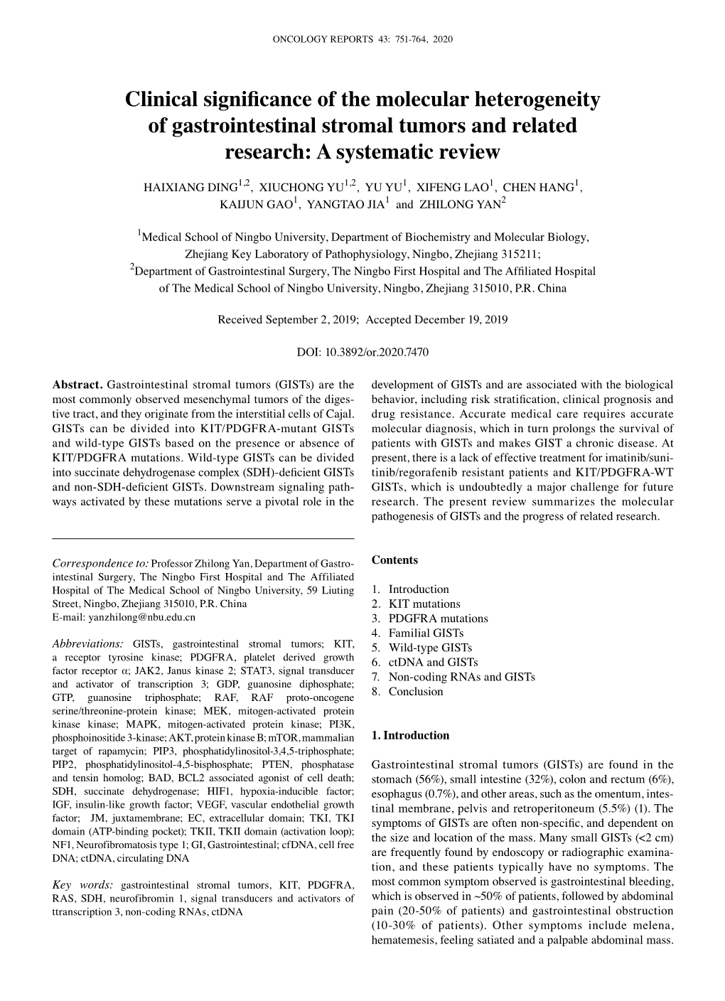 Clinical Significance of the Molecular Heterogeneity of Gastrointestinal Stromal Tumors and Related Research: a Systematic Review