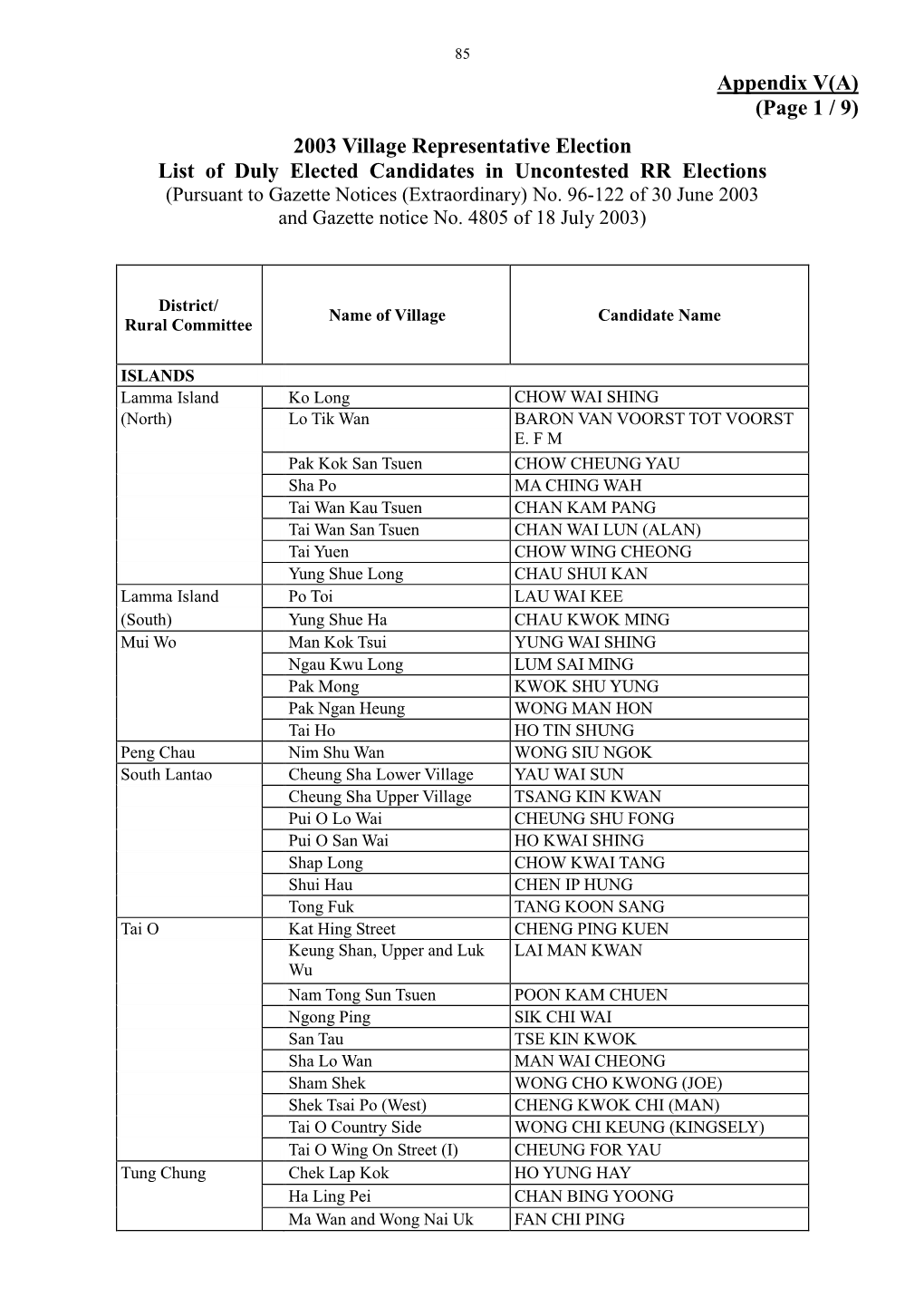 Report on the 2003 Village Representative Election