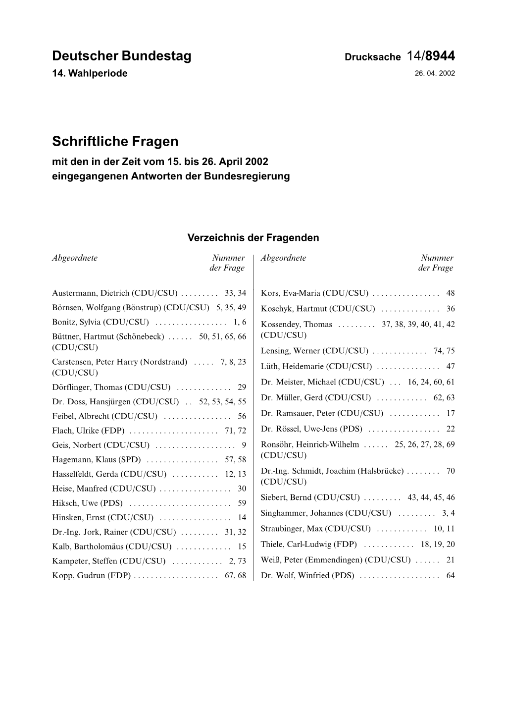 Schriftliche Fragen Mit Den in Der Zeit Vom 15