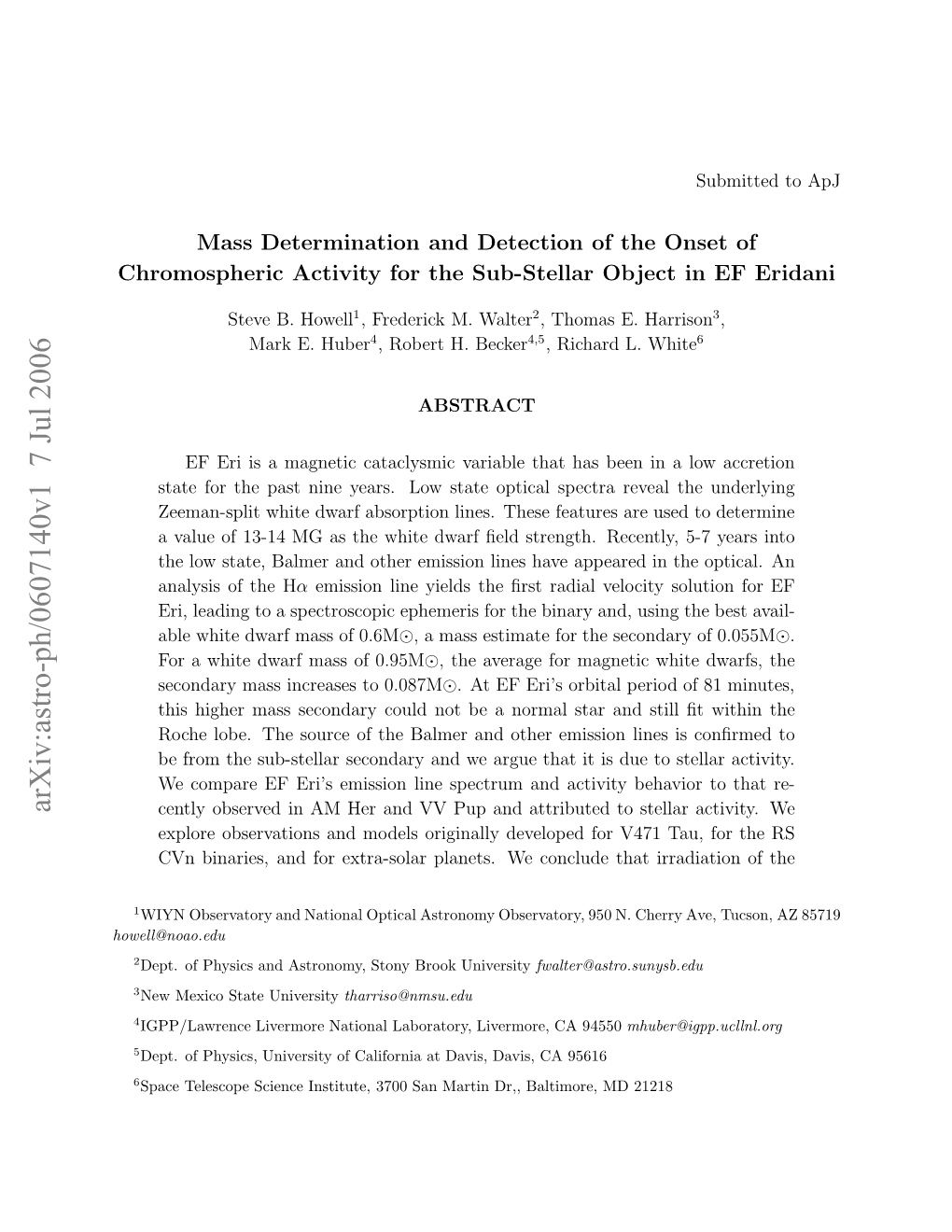 Mass Determination and Detection of the Onset of Chromospheric Activity for the Sub-Stellar Object in EF Eridani