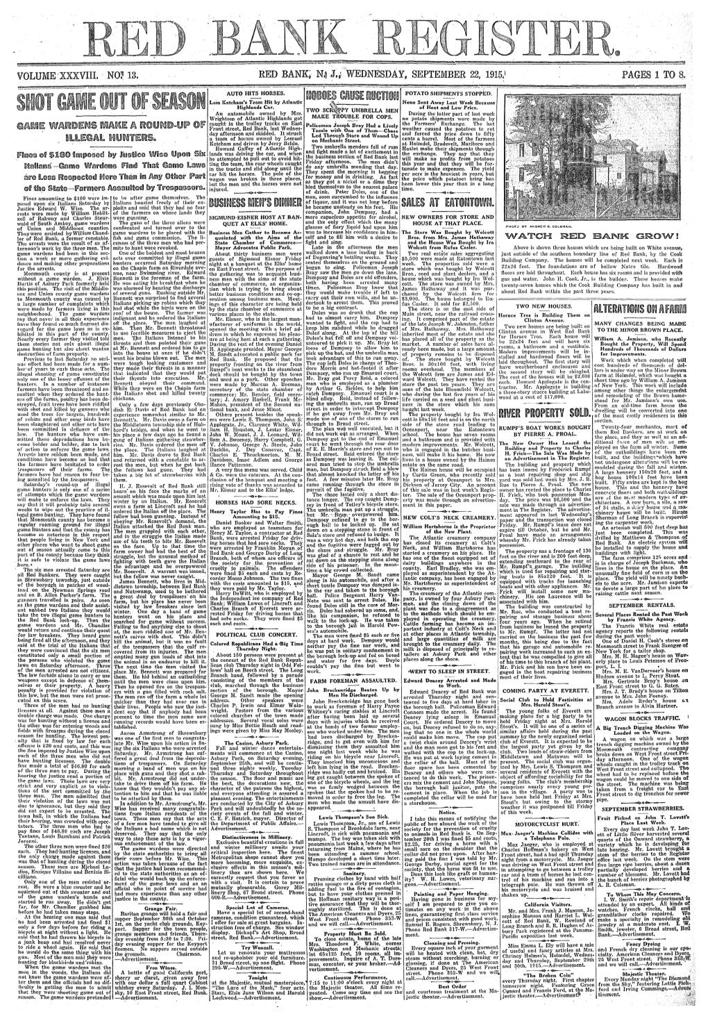 13. RED BANK, N.1 J.F'wedntisday, SEPTEMBER 22, 1915.' PAGES 1 to 8