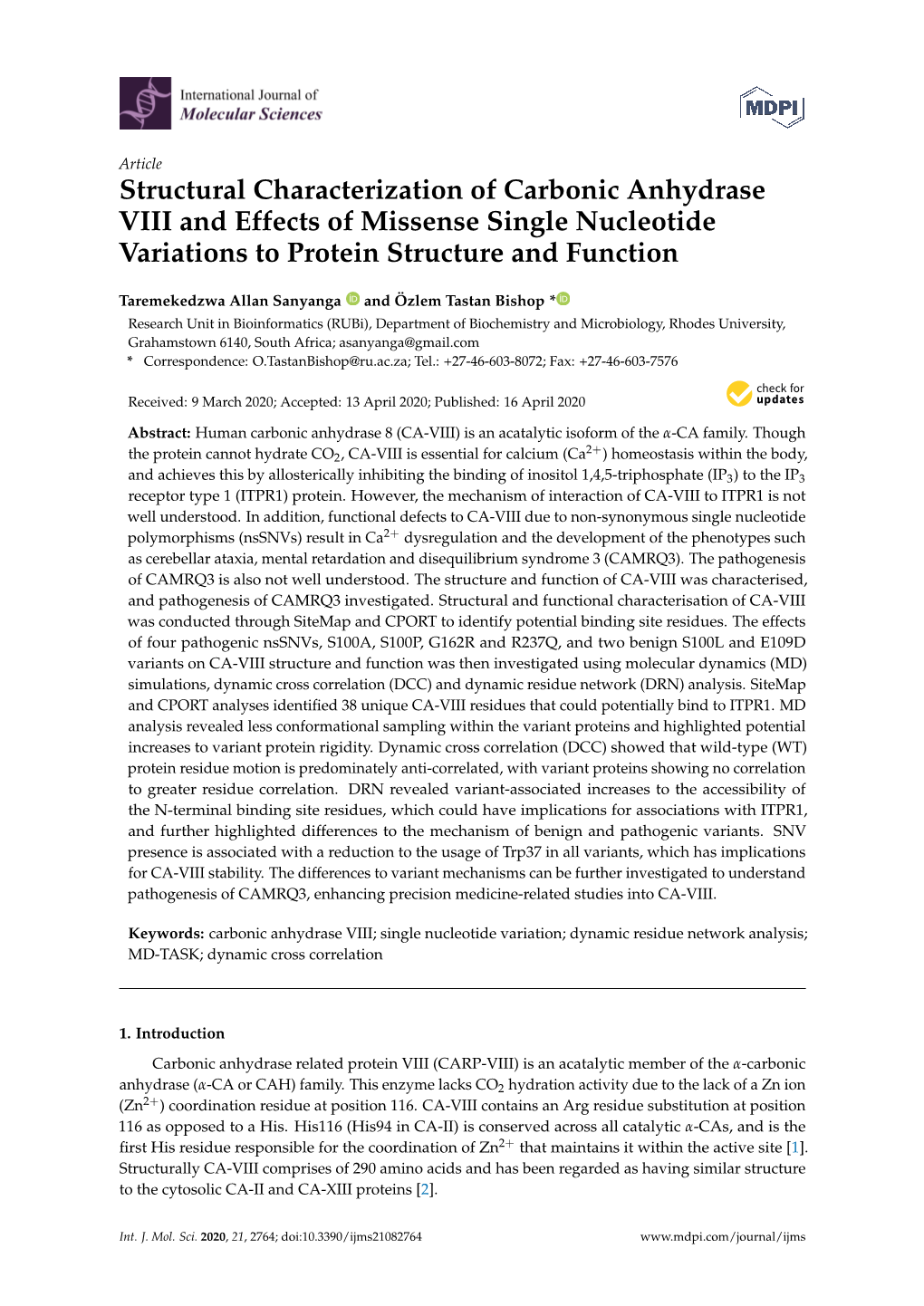 Structural Characterization of Carbonic Anhydrase VIII and Effects of Missense Single Nucleotide Variations to Protein Structure and Function