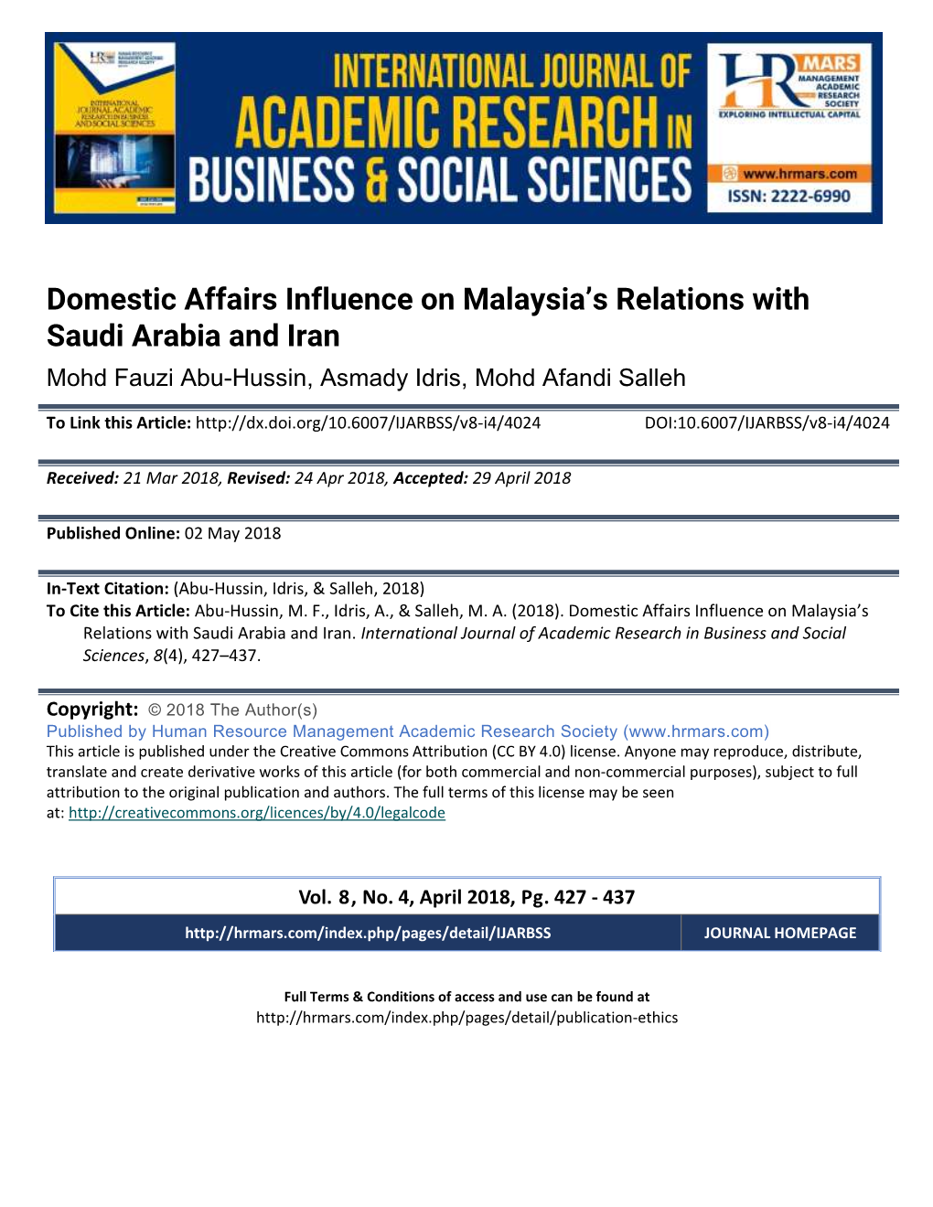 Domestic Affairs Influence on Malaysia's Relations with Saudi Arabia and Iran