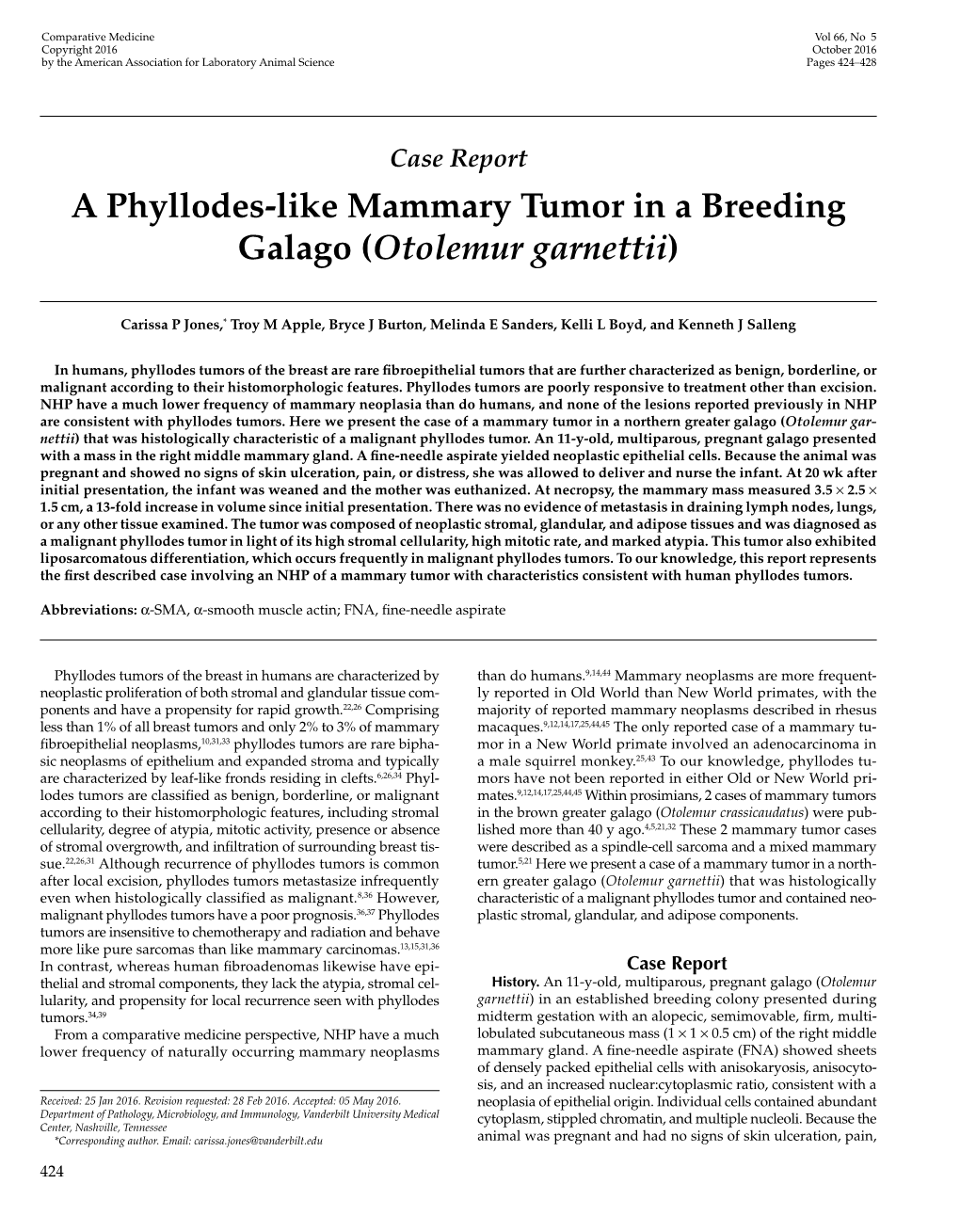 A Phyllodes-Like Mammary Tumor in a Breeding Galago (&lt;I&gt;Otolemur